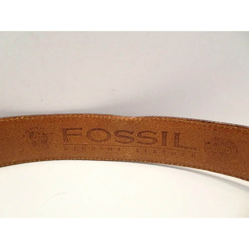 Fossil Womens Brown Genuine Leather Belt Brass Wavy Buckle Size M Runs Small